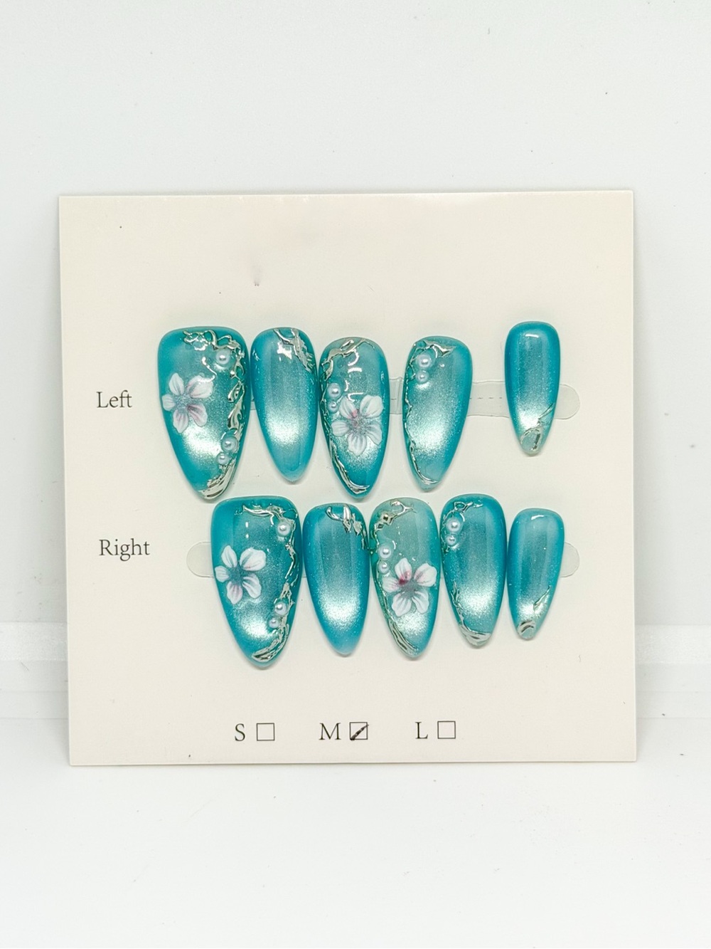 Hand-Painted Turquoise Floral Press-On Nail Set